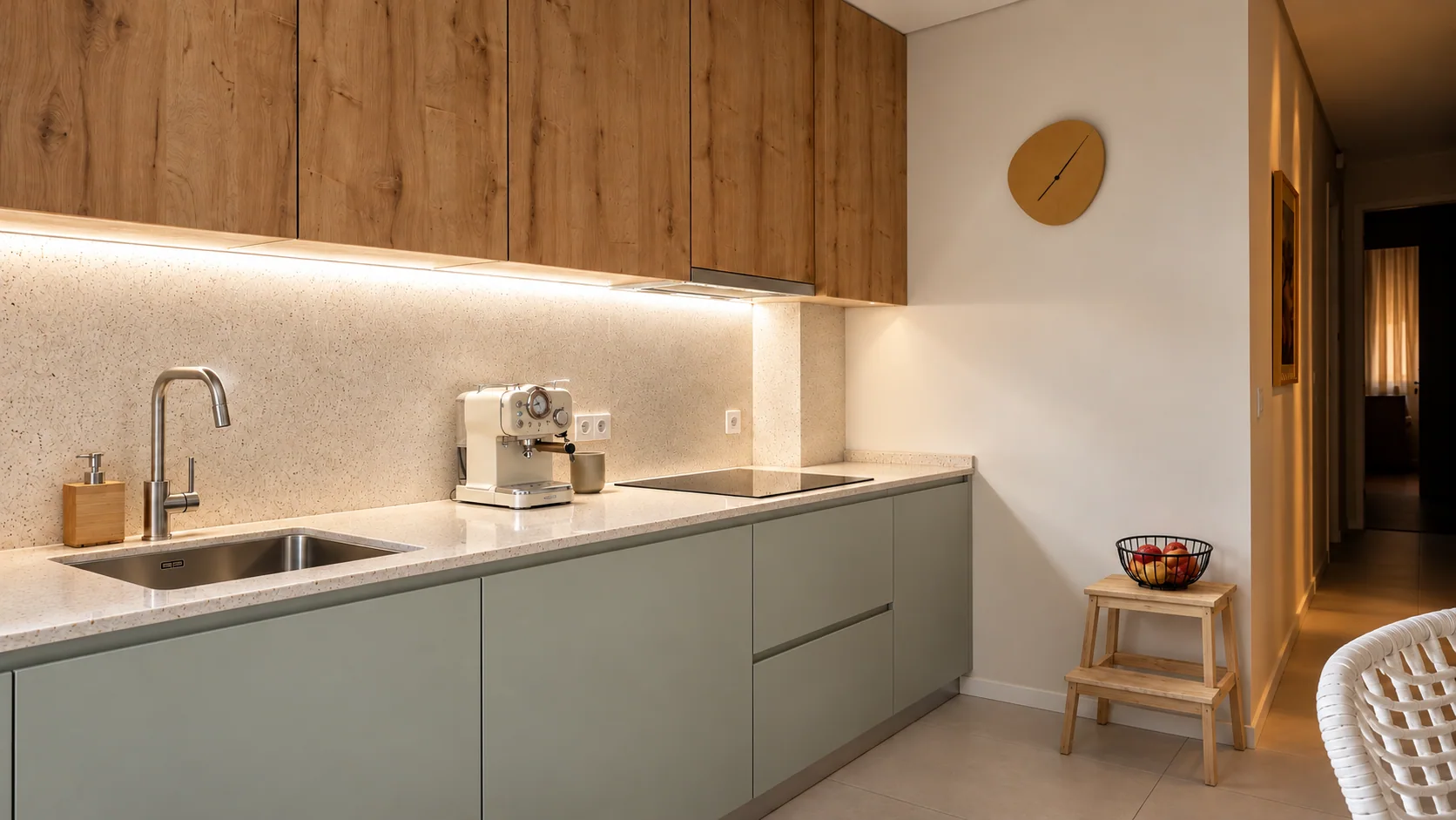 Cozinha da Casa Âmbar com armários de madeira, frentes verde-sálvia e iluminação sob os módulos superiores